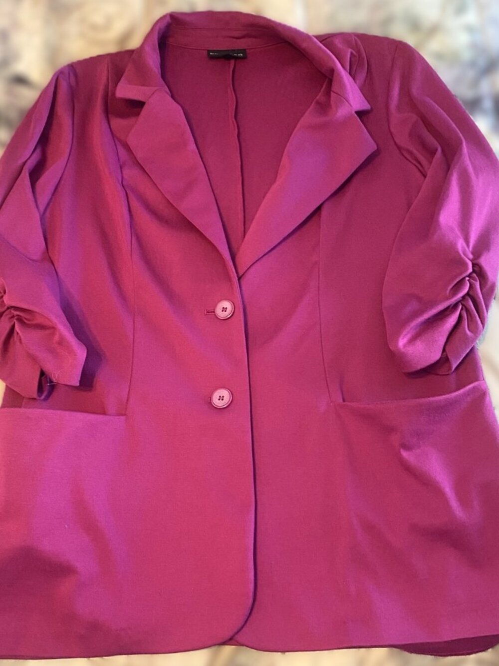 Fashion Bug Women’s Pink Blazer Size L 3/4 Ruched Sleeve Stretch